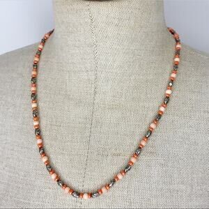 Coral, Orange And Silvertone Long Beaded Necklace Kitten And Yarn Clasp
